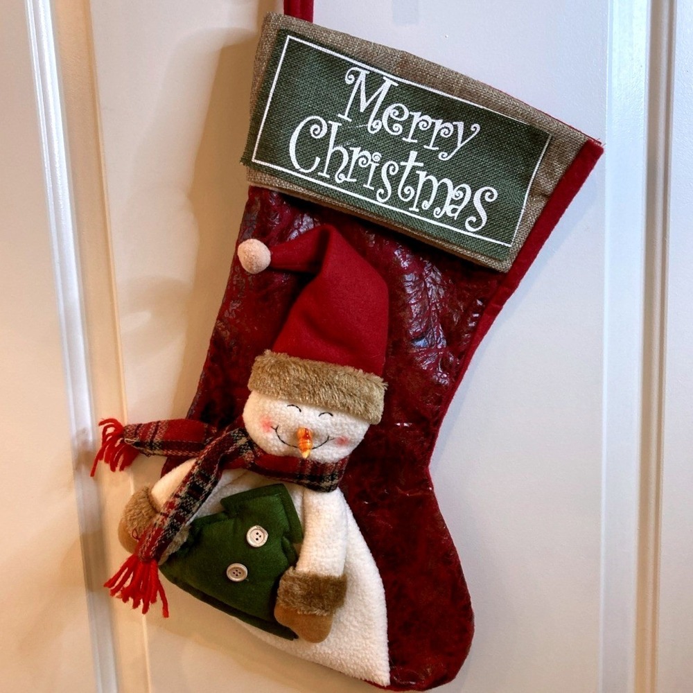 Large Felt Christmas Stocking Smiling Snowman "Merry Christmas" 20 Inches